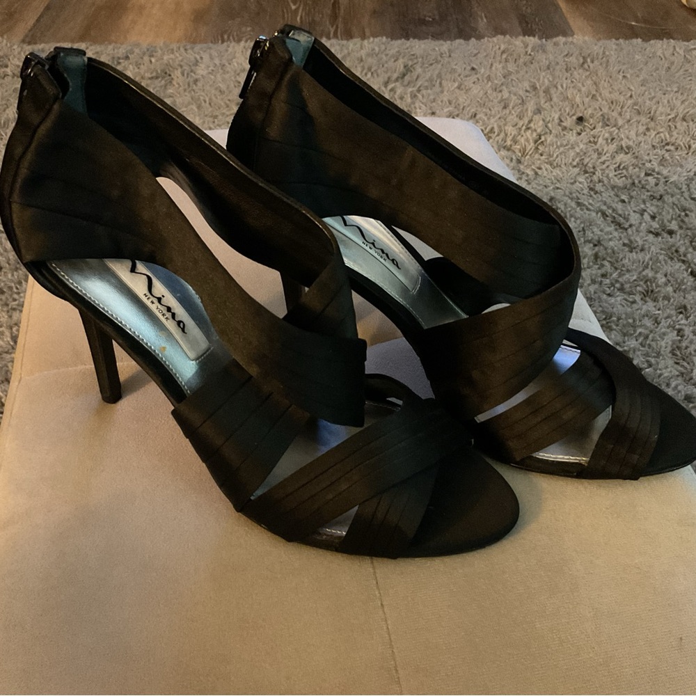 Nina Black Satin Heels with Zipper Back Size 9